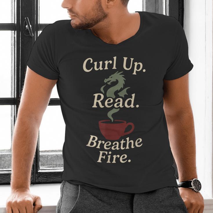 Book Dragon Fantasy Reader Cozy Reading Book Lover Dragon Men's V-Neck T-Shirt