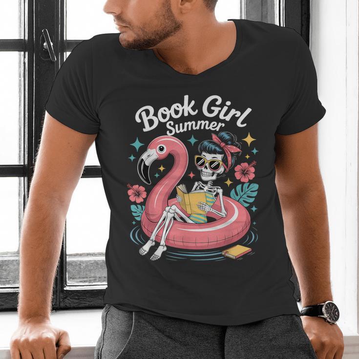 Book Girl Summer Skeleton Reading Books Lovers Beach Men's V-Neck T-Shirt