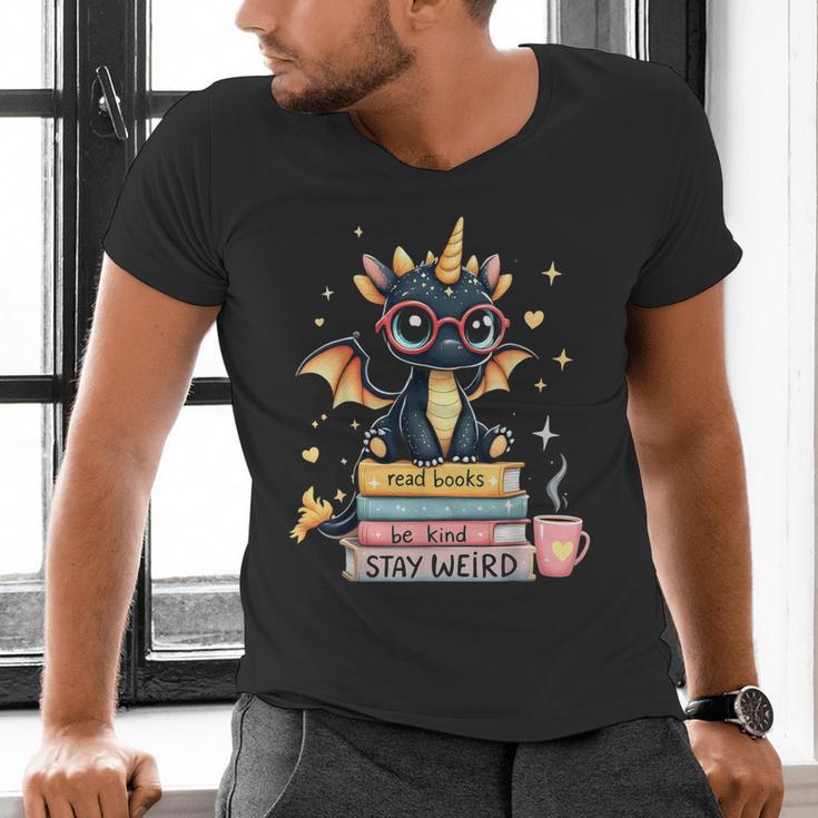Book Lover Chibi Dragon With Big Red Glasses Bookworm Men's V-Neck T-Shirt