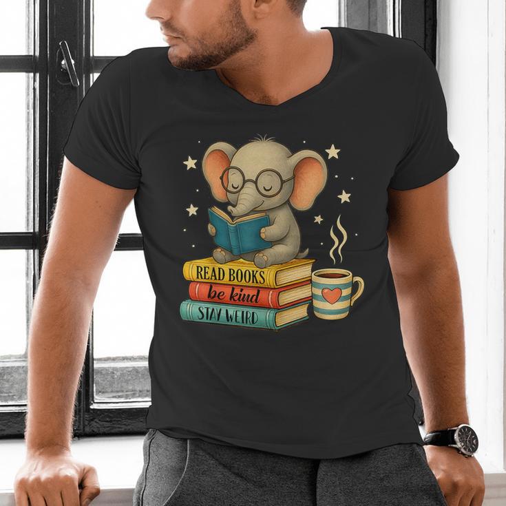 Book Lover Elephant Reading Books Library Read Books Be Kind Men's V-Neck T-Shirt