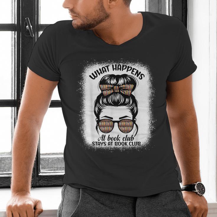 Book Lover What Happens At Book Club Stays Messy Bun Girls Men's V-Neck T-Shirt