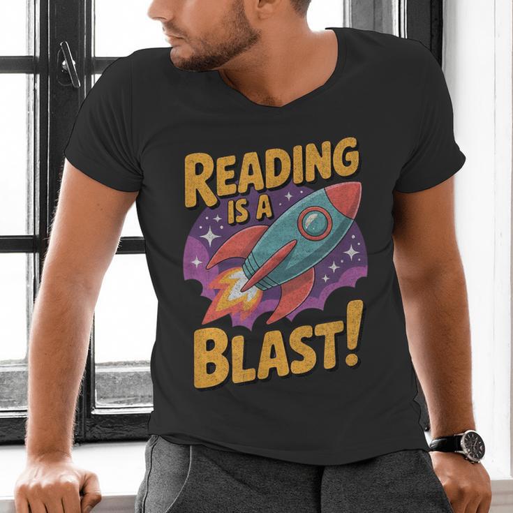 Book Lover Kids And Adults Reading Is a Blast Rocket Ship Men's V-Neck T-Shirt