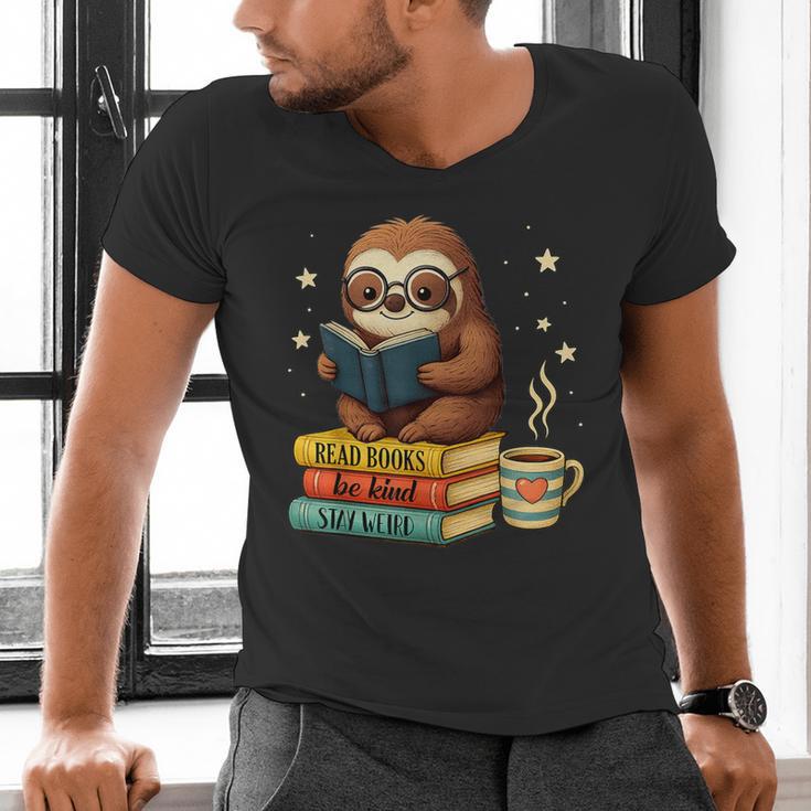 Book Lover Sloth Reading Bookish Library Read Books Be Kind Men's V-Neck T-Shirt