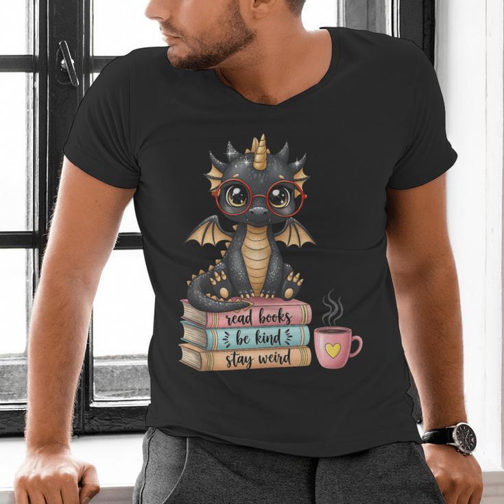 Book Lover Stay Weird Be Kind Read Books Baby Dragon Men's V-Neck T-Shirt