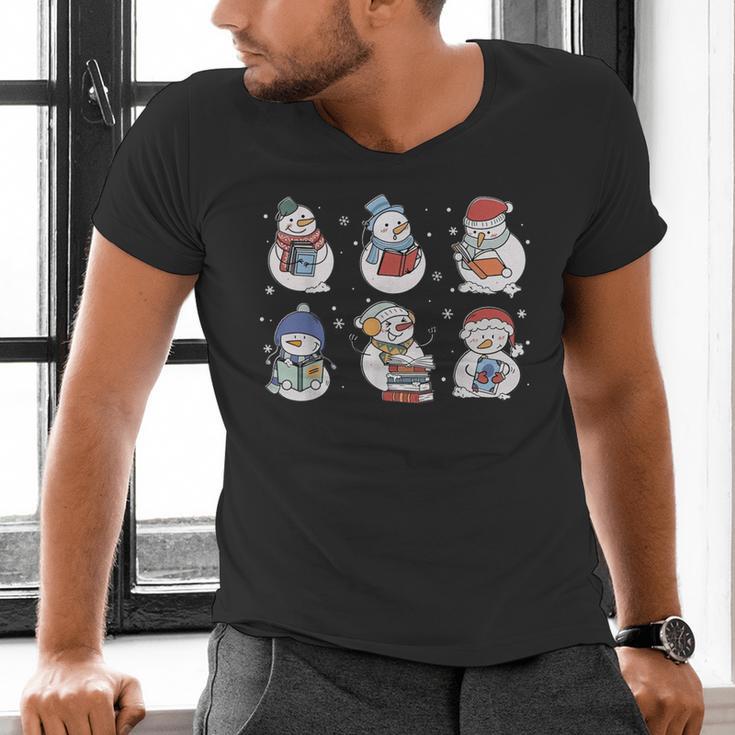Book Lover Teacher Snowman Reading Books Christmas Winter Men's V-Neck T-Shirt