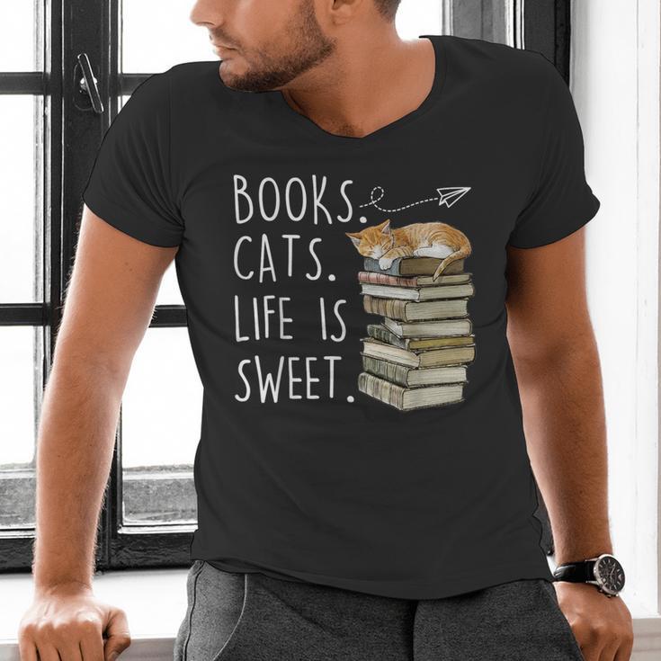 Book Lovers Books Cats Life Is Sweet Cat Lover Men's V-Neck T-Shirt Book Lovers Books Cats Life Is Sweet Cat Lover Men's V-Neck T-Shirt