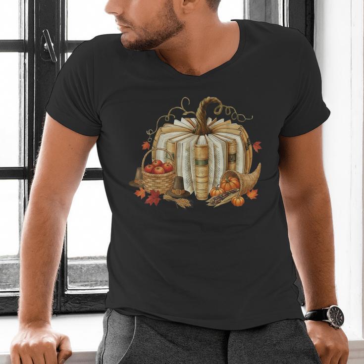 Book Pumpkin Fall Reading Thanksgiving Teacher Librarian Men's V-Neck T-Shirt