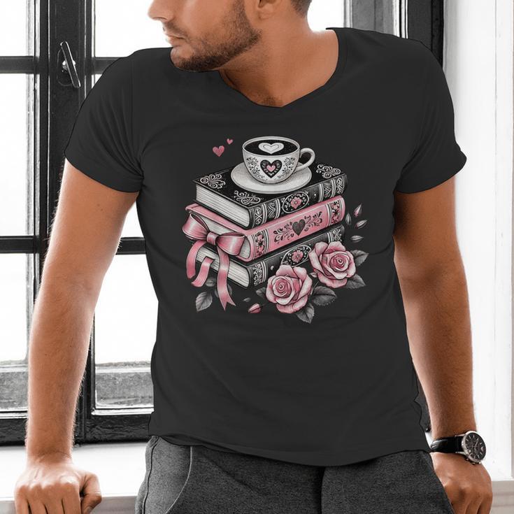All Booked For Valentine's Coquette Bow Books Teacher Girly Men's V-Neck T-Shirt All Booked For Valentine's Coquette Bow Books Teacher Girly Men's V-Neck T-Shirt