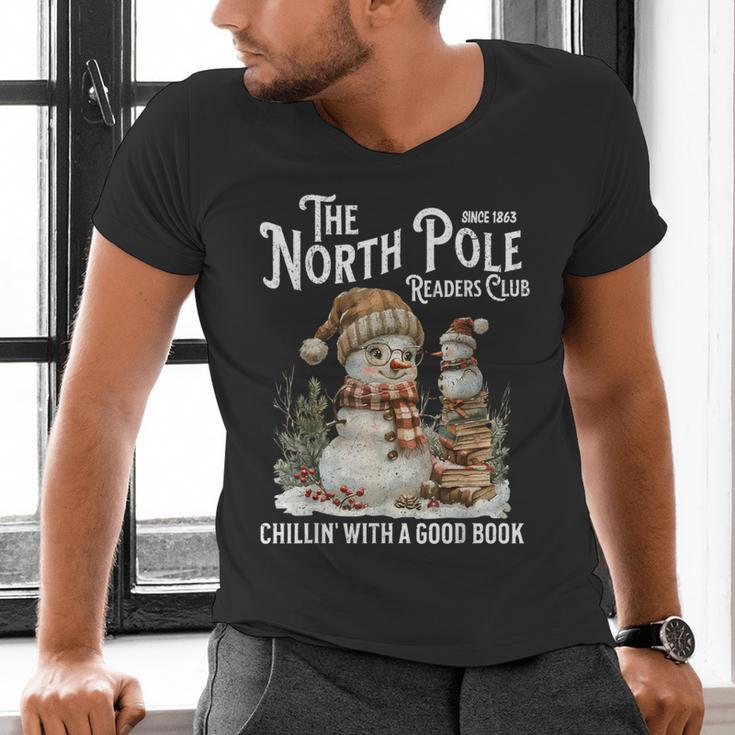 Bookish Christmas North Pole Book Club Snowman Book Worm Men's V-Neck T-Shirt