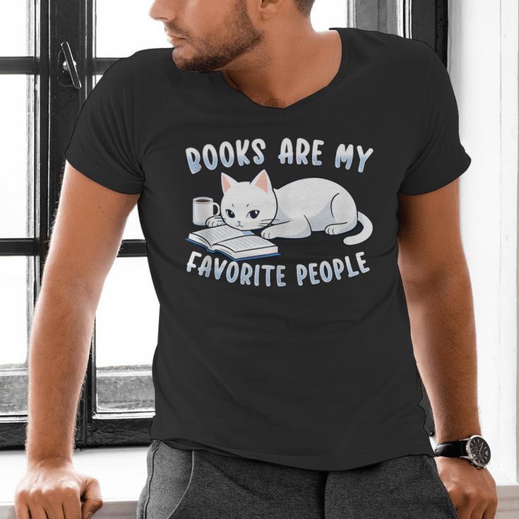 Books Are My Favorite People Cat With Coffee Mug Book Lovers Men's V-Neck T-Shirt