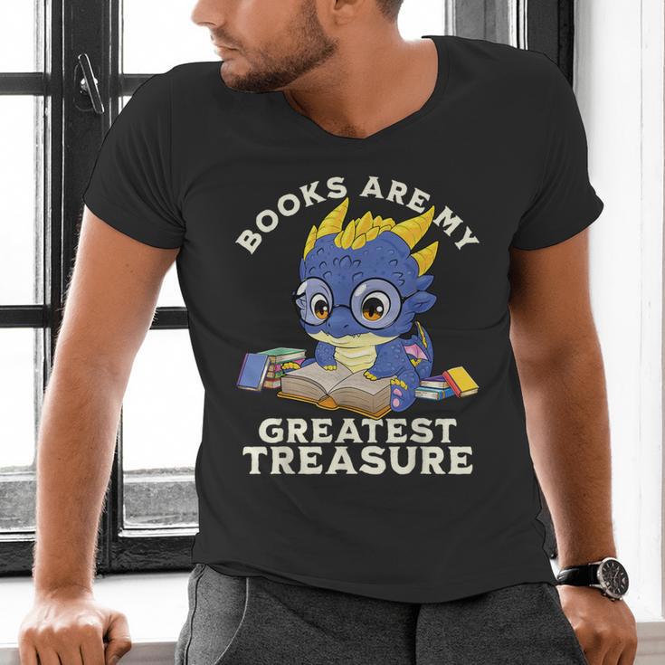Books Are My Greatest Treasure Kawaii Dragon Reading Books Men's V-Neck T-Shirt
