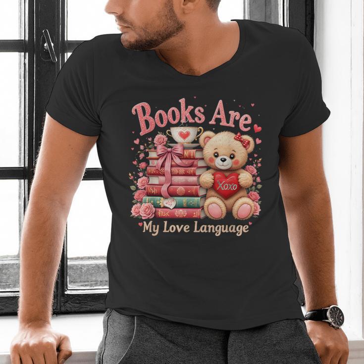 Books Are My Love Language Teddy Bear Book Lovers Valentine Men's V-Neck T-Shirt