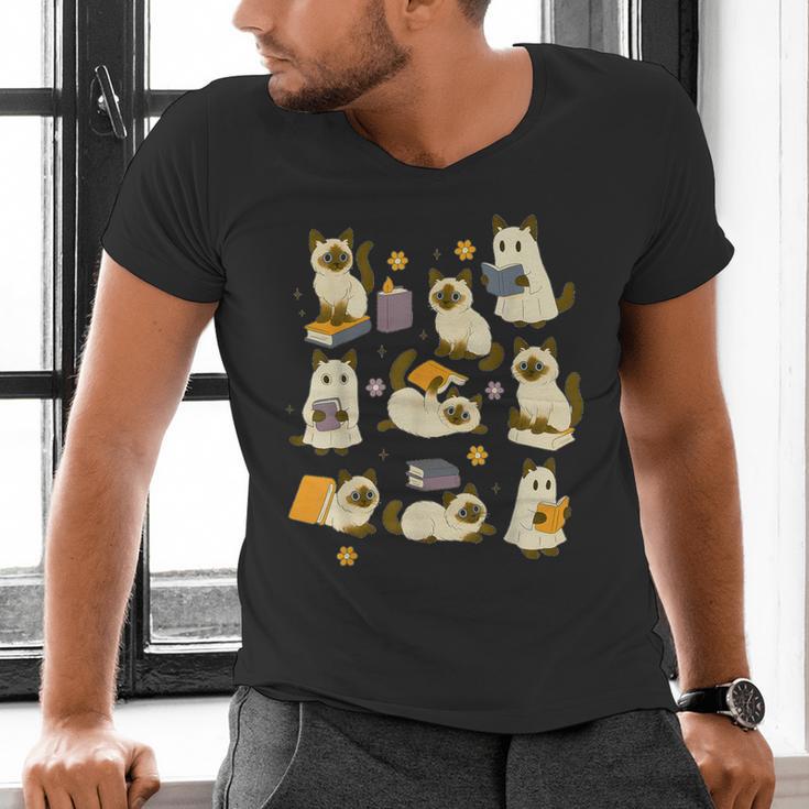 Books Lover Bookish Ghost Himalayan Cat Reading Halloween Men's V-Neck T-Shirt Books Lover Bookish Ghost Himalayan Cat Reading Halloween Men's V-Neck T-Shirt