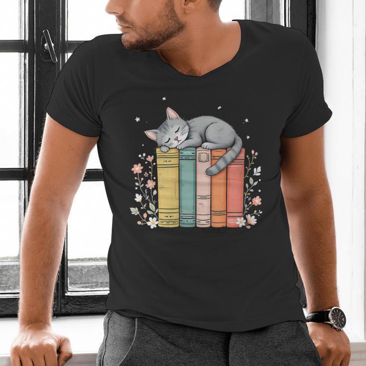 Books Lover Cute Sleepy Cat Relax Reading Vibe Men's V-Neck T-Shirt Books Lover Cute Sleepy Cat Relax Reading Vibe Men's V-Neck T-Shirt