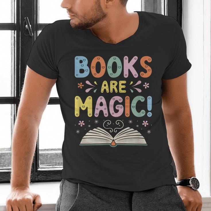 Books Are Magic Whimsical Retro Bookworm Men's V-Neck T-Shirt