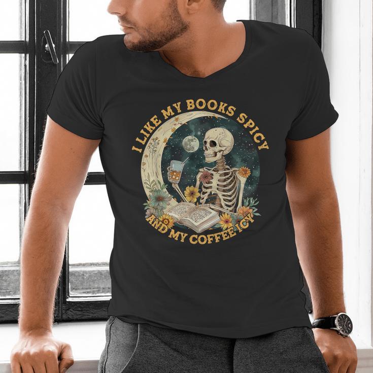 I Like My Books Spicy & My Coffee Icy Skeleton Read Book Men's V-Neck T-Shirt