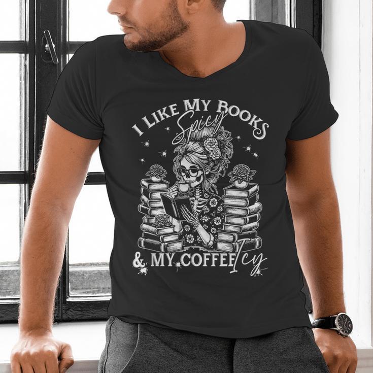 I Like My Books Spicy And My Coffee ICY Skeleton Meme Men's V-Neck T-Shirt