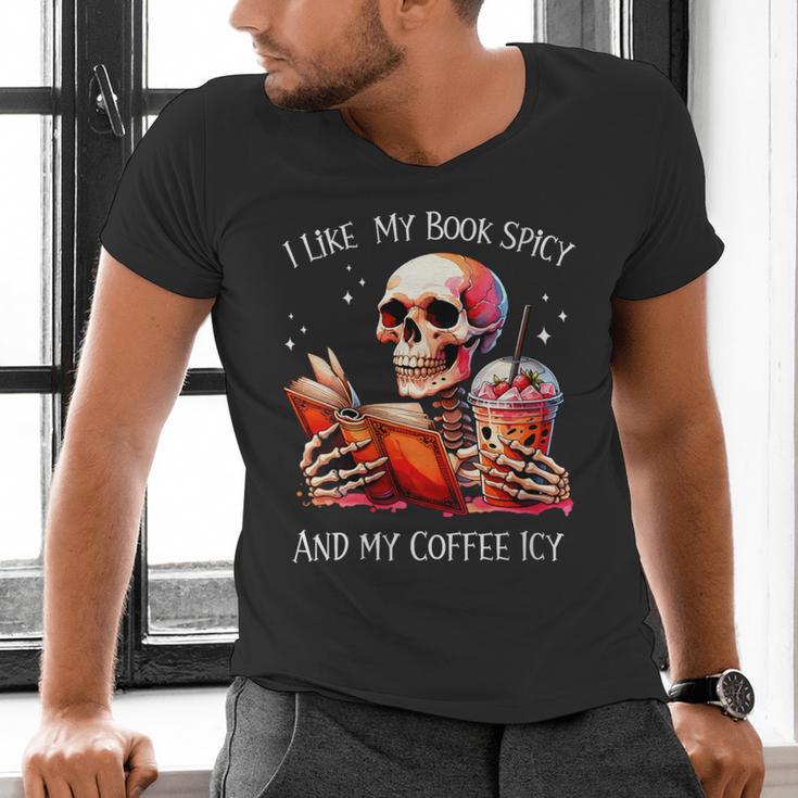 I Like My Books Spicy And My Coffee Icy Skeleton Men's V-Neck T-Shirt I Like My Books Spicy And My Coffee Icy Skeleton Men's V-Neck T-Shirt