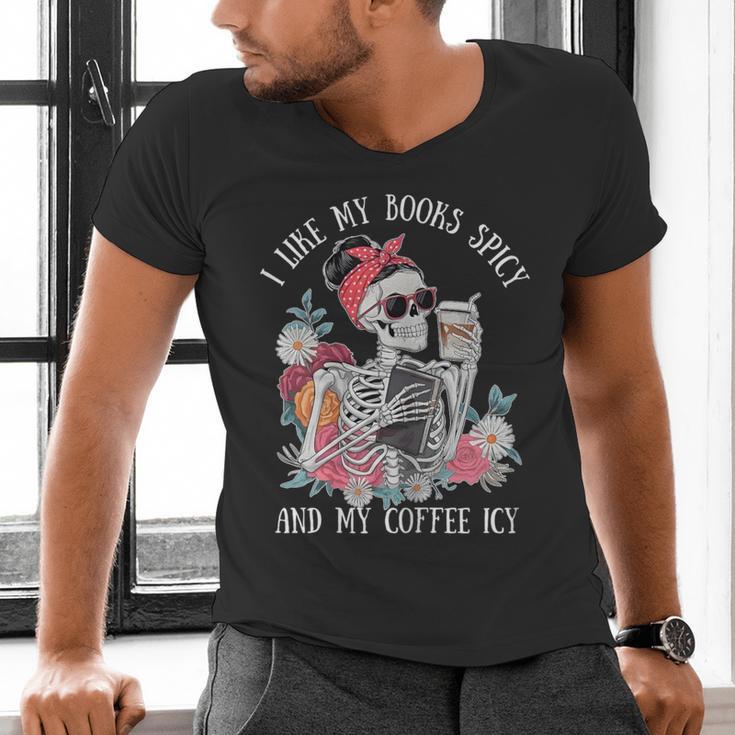 I Like My Books Spicy And My Coffee ICY Skeleton Women Men's V-Neck T-Shirt I Like My Books Spicy And My Coffee ICY Skeleton Women Men's V-Neck T-Shirt