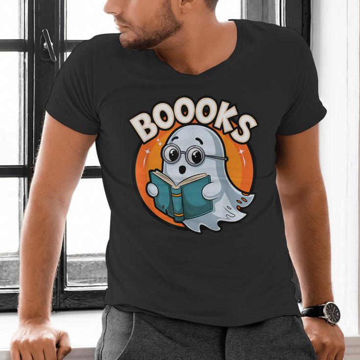 BOOOKS Cute Ghost Reading Books Halloween Men's V-Neck T-Shirt