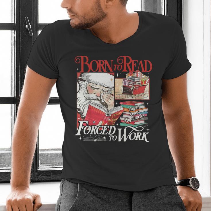 Born To Read Forced To Work Santa Christmas Book Lover Retro Men's V-Neck T-Shirt