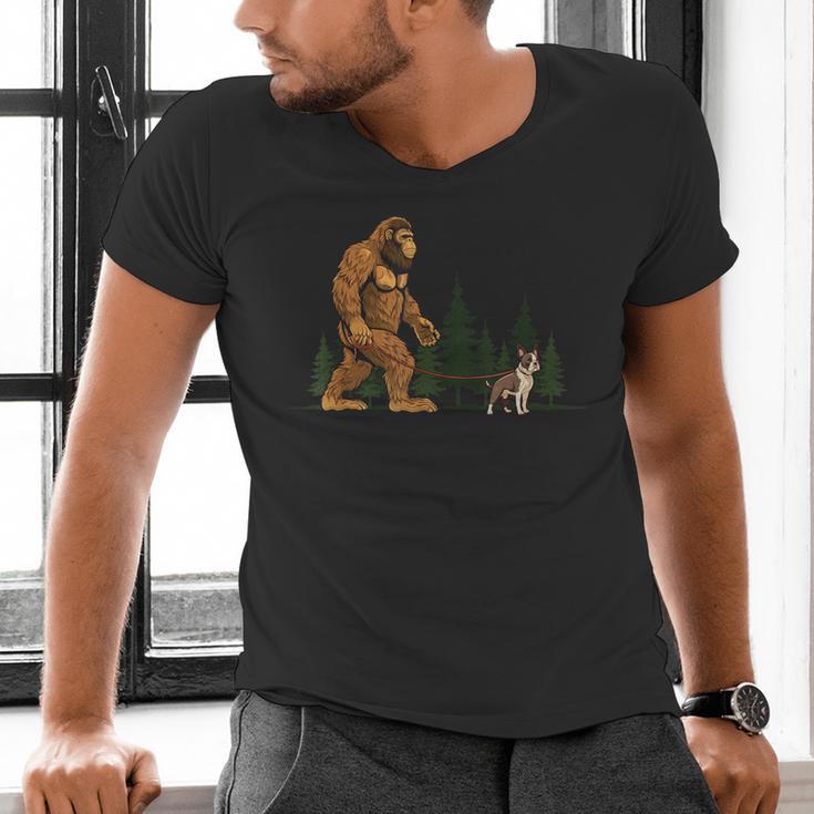 Boston Terrier Bigfoot Dog Walking Dog Mom Dad Kids Men's V-Neck T-Shirt