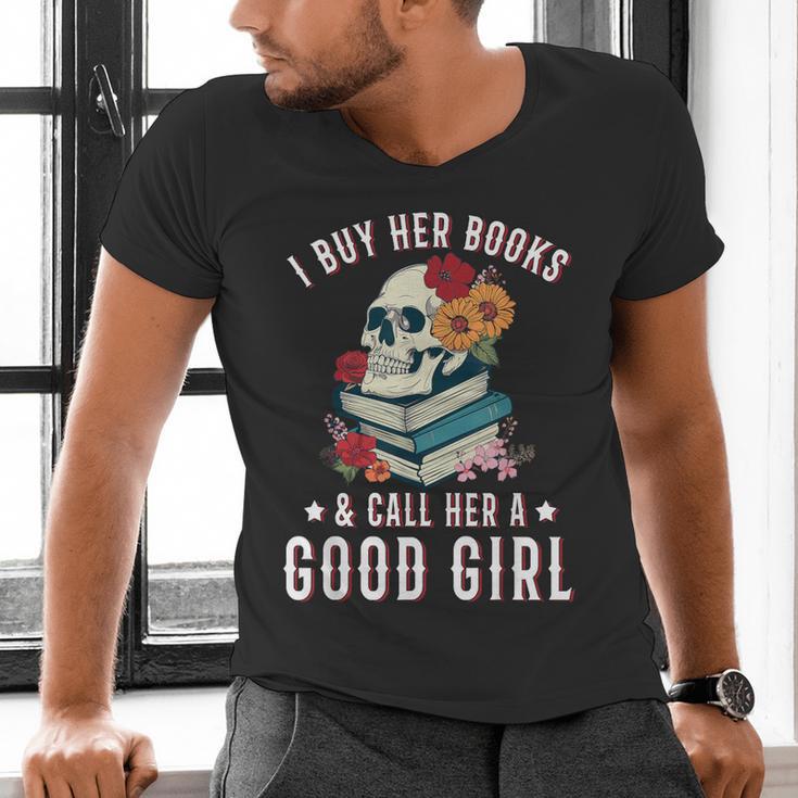I Buy Her Books Call Her A Good Girl Book Lover Skull Men's V-Neck T-Shirt