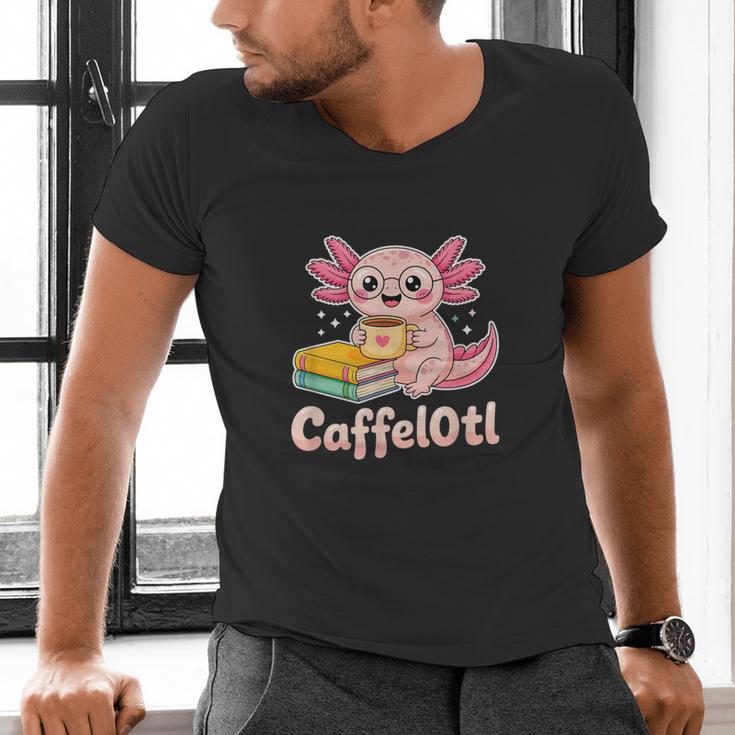 Caffelotl Cute Axolotl Pun Coffee Book Lover Kawaii Humor Men's V-Neck T-Shirt