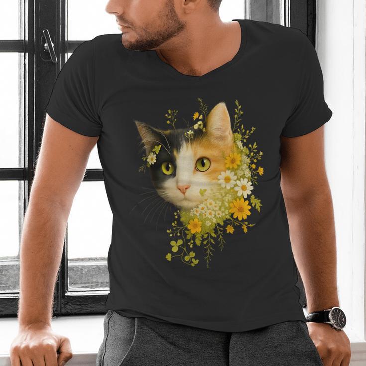 Calico Cat With Flowers For Mom Dad Women Men Kids Botanical Men's V-Neck T-Shirt