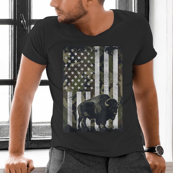 Camo USA Flag Bison Camouflage Hunting Wildlife Hunter Dad Men's V-Neck T-Shirt
