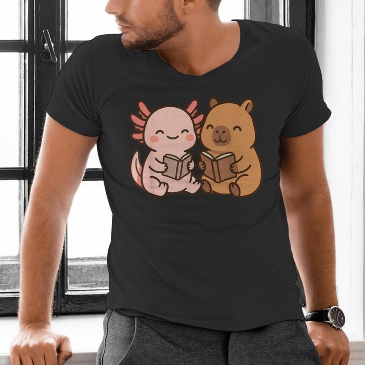 Capybara Axolotl Kawaii Kids Anime Book Lover Reading Men's V-Neck T-Shirt Capybara Axolotl Kawaii Kids Anime Book Lover Reading Men's V-Neck T-Shirt