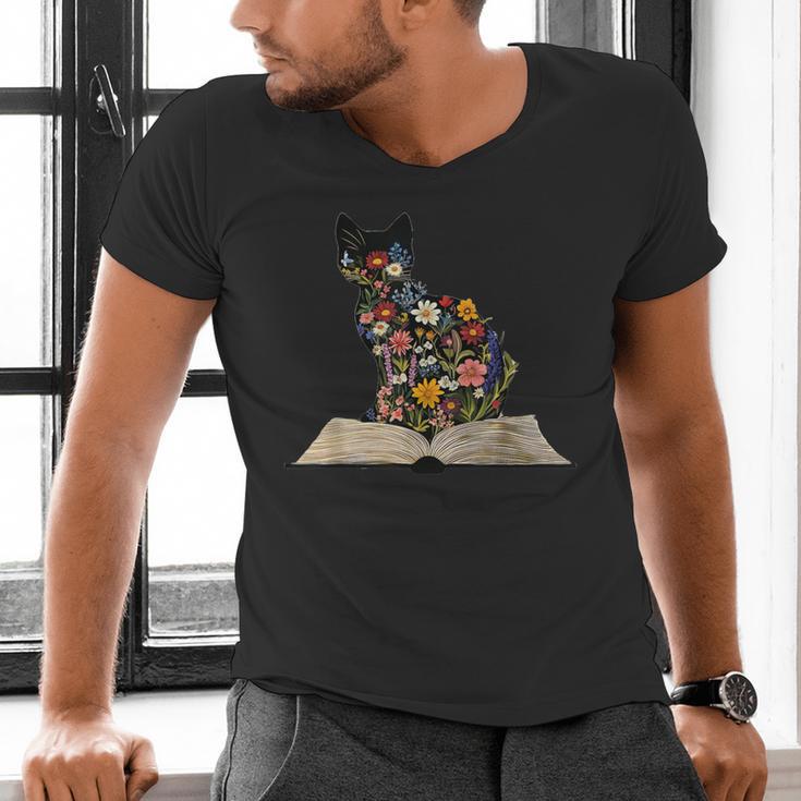 Cat Book Flowers Men's V-Neck T-Shirt