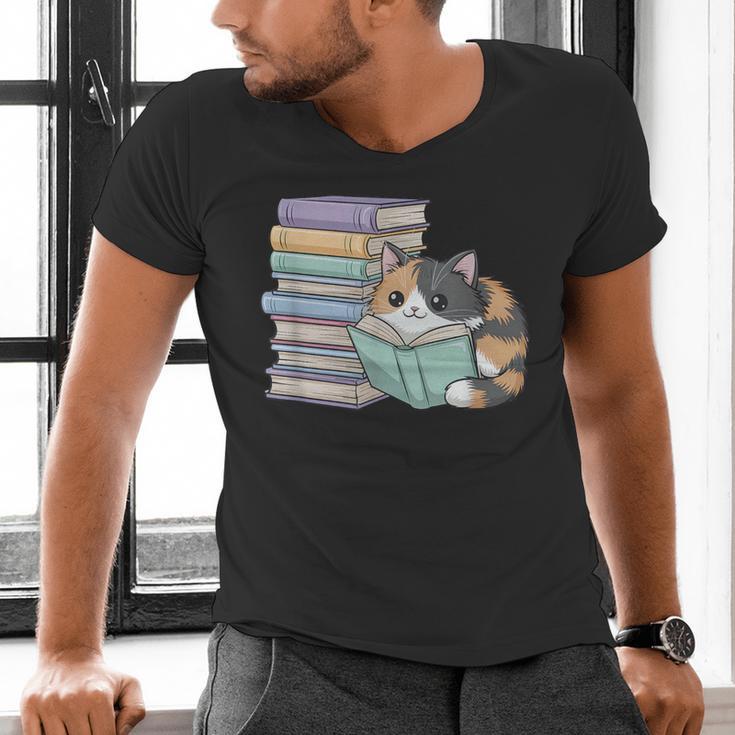 Cat On Books Pets Cats Reading Book Nerd Read Reader Bookcat Men's V-Neck T-Shirt Cat On Books Pets Cats Reading Book Nerd Read Reader Bookcat Men's V-Neck T-Shirt