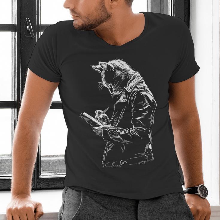 Cat Holds Book Writing Animal Print Motif Drawing Art Cat Men's V-Neck T-Shirt Cat Holds Book Writing Animal Print Motif Drawing Art Cat Men's V-Neck T-Shirt
