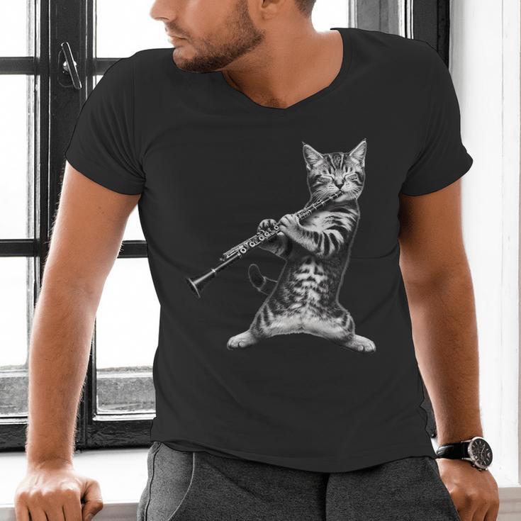 Cat Playing The Clarinet For Cat Lover Cat Mom Cat Dad Men's V-Neck T-Shirt Cat Playing The Clarinet For Cat Lover Cat Mom Cat Dad Men's V-Neck T-Shirt