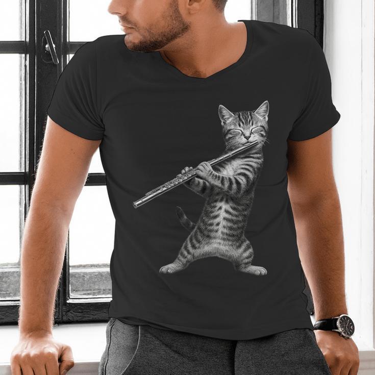 Cat Playing Flute For Cat Lover Cat Mom Cat Dad Men's V-Neck T-Shirt