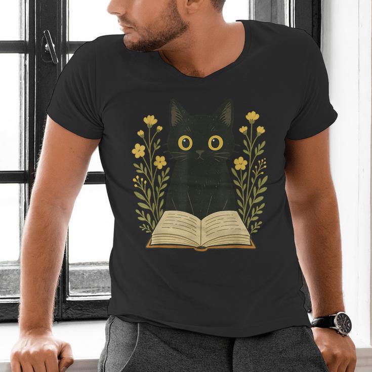 Cat Reading Book Flowers Men's V-Neck T-Shirt