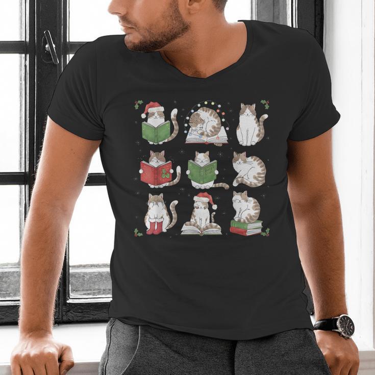 Cat Reading Book Funny Christmas Cat Book Lover Librarian Men Women Kids Men's V-Neck T-Shirt