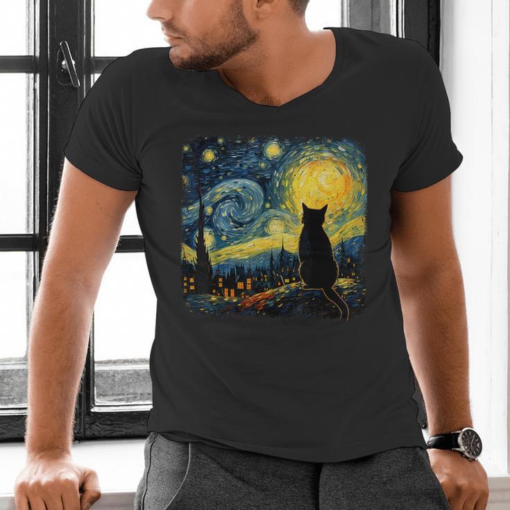 Cat Starry Night Van Gogh Cat For Cat Lover Cat Mom Cat Dad Men's V-Neck T-Shirt Cat Starry Night Van Gogh Cat For Cat Lover Cat Mom Cat Dad Men's V-Neck T-Shirt