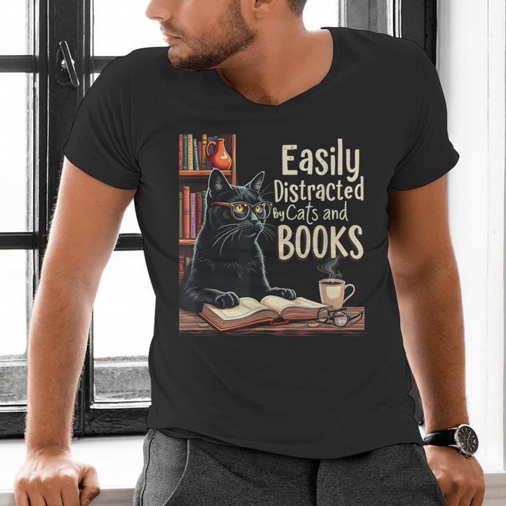 Cats And Books Book & Cat Lover Easily Distracted By Men's V-Neck T-Shirt