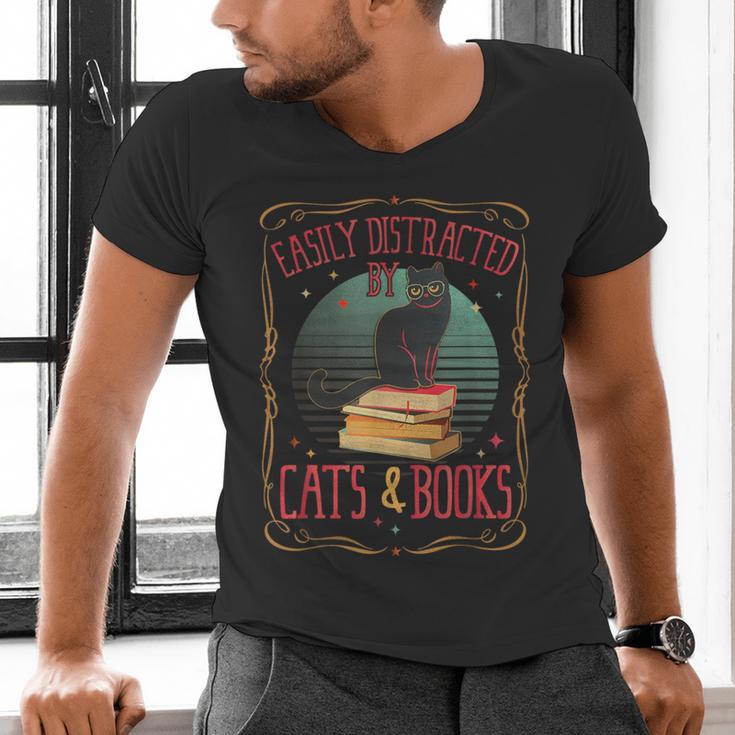 Cats And Books Lover Reading Literary Feline Humor Men's V-Neck T-Shirt