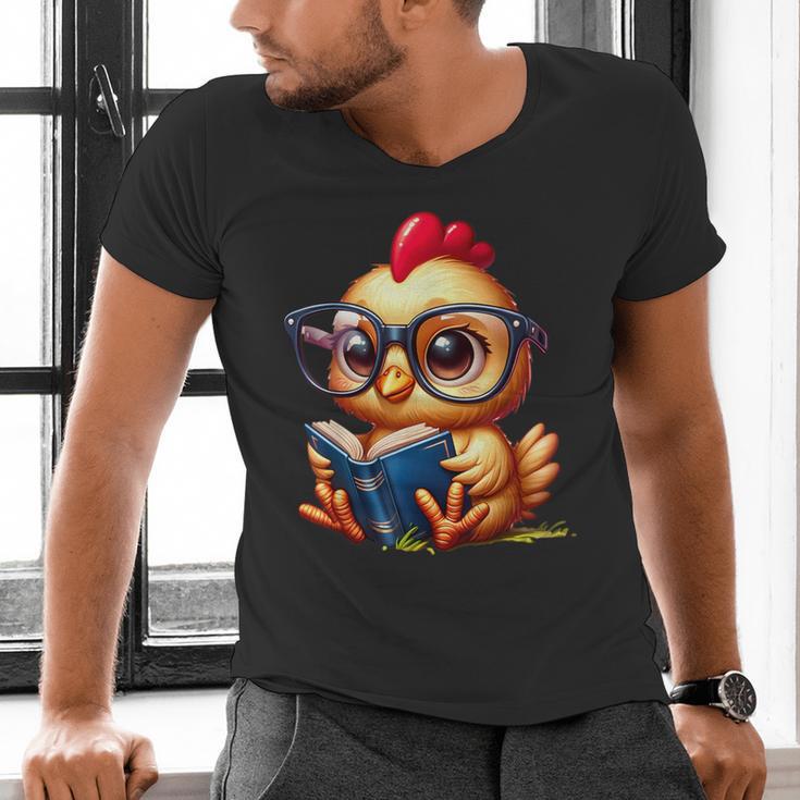 Chicken Reading a Book Farm Animal Chick Men's V-Neck T-Shirt