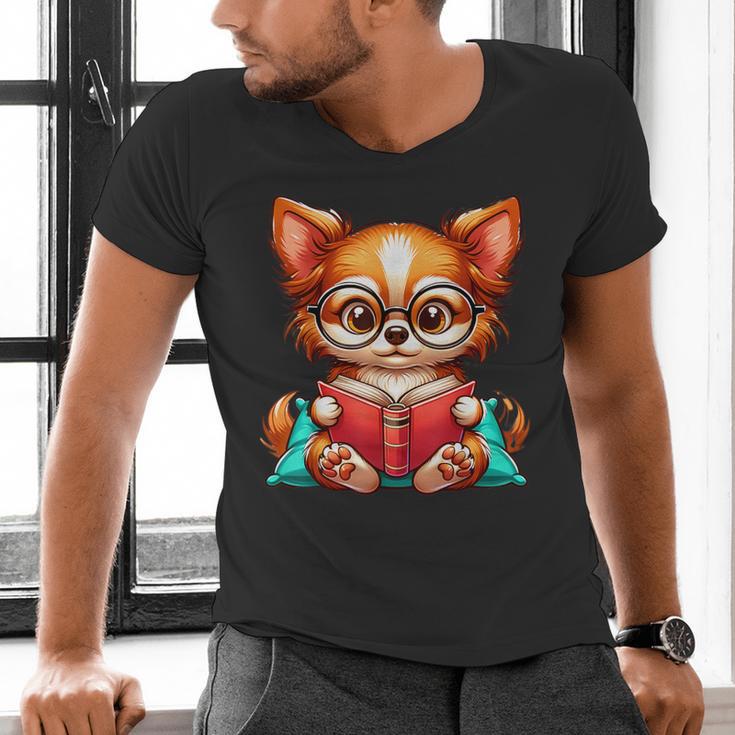 Chihuahua Reading a Book Dog Men's V-Neck T-Shirt