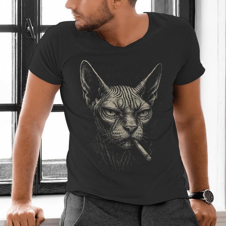 Cigarette Smoking Sphynx Cat Meme Stupid For Dad Men's V-Neck T-Shirt