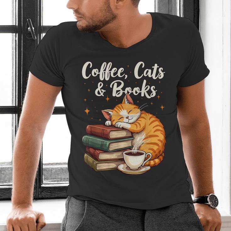 Coffee Cats & Books Lover For Women & Girls Coffee Men's V-Neck T-Shirt