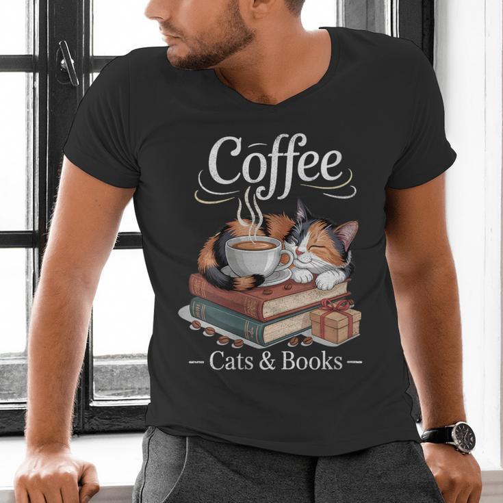 Coffee Cats And Books Cozy Calico Reader Love Cute Cat Men's V-Neck T-Shirt