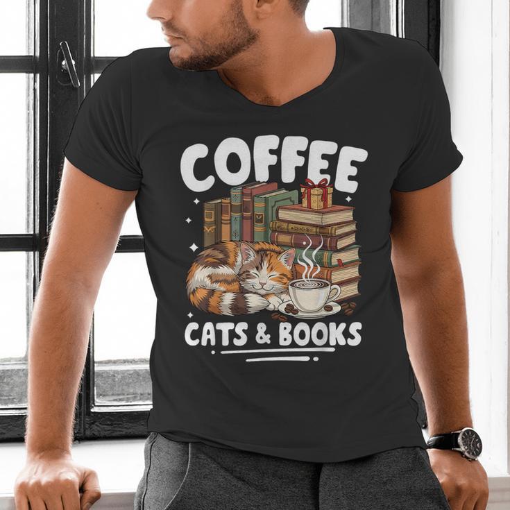 Coffee Cats And Books Cats And Reading Lovers Men's V-Neck T-Shirt