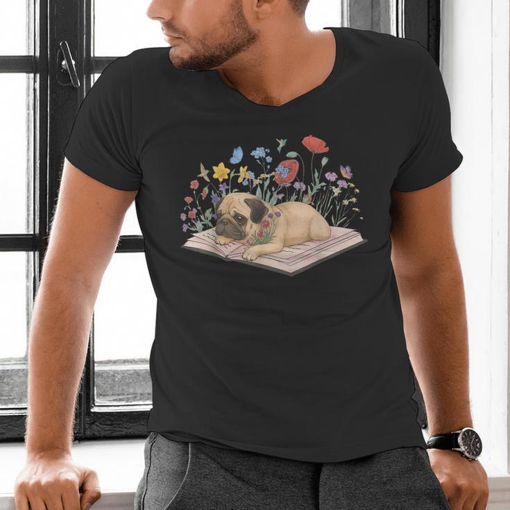 Color Floral Cute Pug Dog On Book Reading Bookworm Reader Men's V-Neck T-Shirt Color Floral Cute Pug Dog On Book Reading Bookworm Reader Men's V-Neck T-Shirt