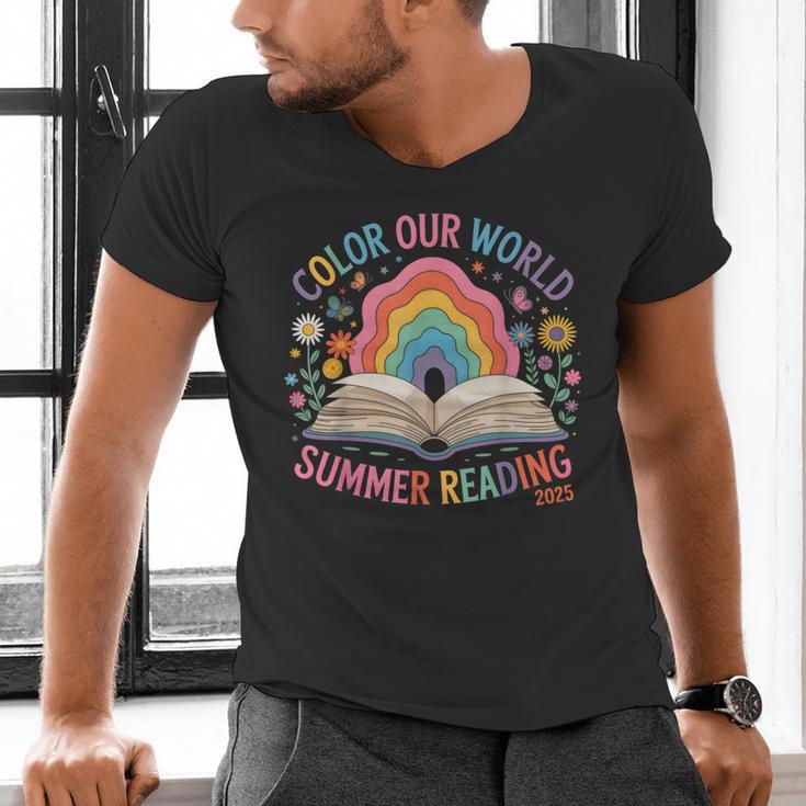 Color Our World Summer Reading 2025 Rainbow Art Book Men's V-Neck T-Shirt Color Our World Summer Reading 2025 Rainbow Art Book Men's V-Neck T-Shirt