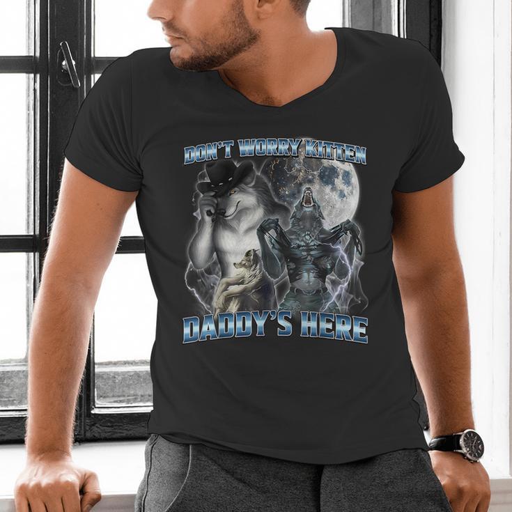 Cool Alpha Wolf Meme Don't Worry Kitten Daddy's Here Men's V-Neck T-Shirt